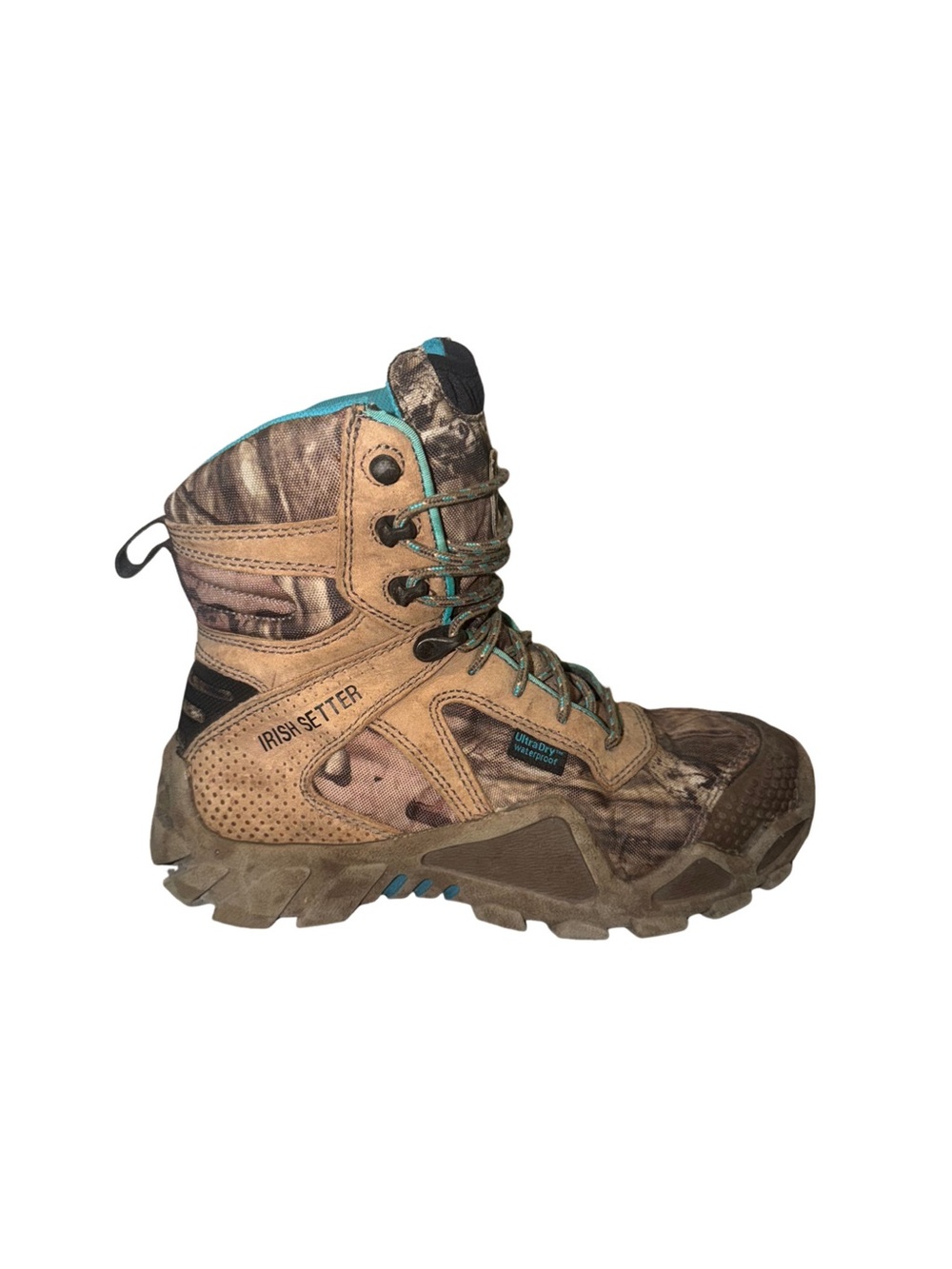 Irish Setter women’s ultra dry Camo Hiking Boot - Brown with Blue Accents 7.5